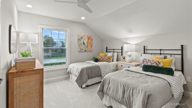 carpeted bedroom with baseboards, a ceiling fan, vaulted ceiling, and recessed lighting