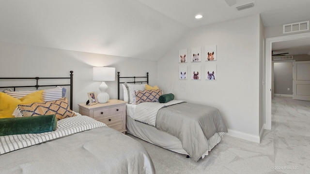 carpeted bedroom with recessed lighting, lofted ceiling, visible vents, and baseboards