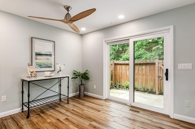 3588 Reed Rd Unit 4, Columbus, OH 43221 - doorway to outside with wood finished floors, recessed lighting, and a ceiling fan