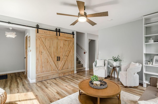 3588 Reed Rd Unit 4, Columbus, OH 43221 - living area with a ceiling fan, wood finished floors, a barn door, and stairway
