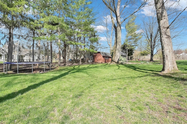 view of yard with a trampoline, a fenced backyard, a shed, and an outdoor structure