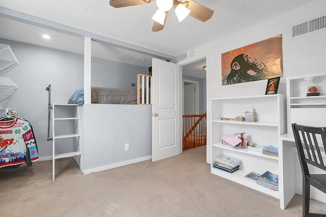 carpeted bedroom featuring recessed lighting, visible vents, baseboards, and a ceiling fan