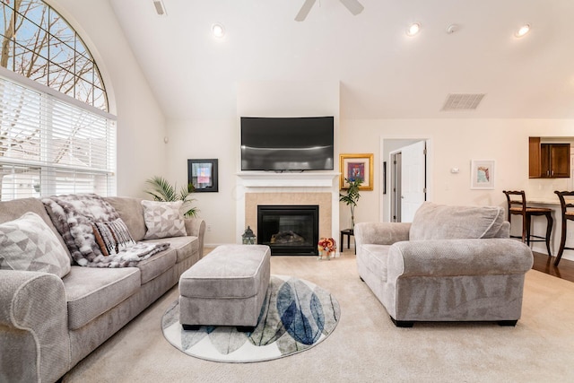 4889 Ashleigh Dr, Dublin, OH 43016 - living area featuring a fireplace, a ceiling fan, visible vents, and recessed lighting