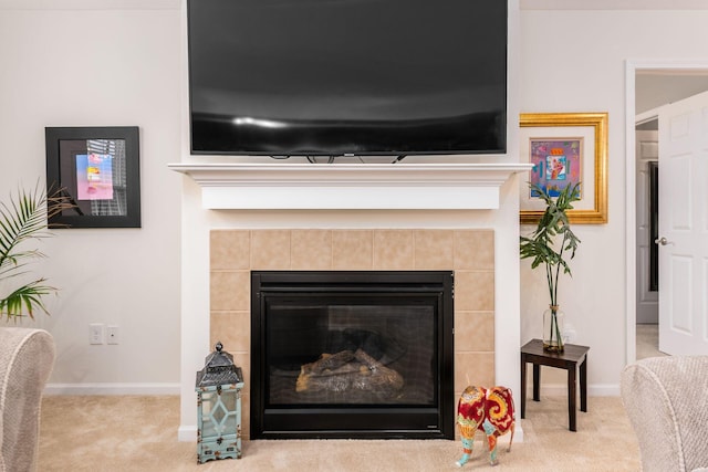 4889 Ashleigh Dr, Dublin, OH 43016 - interior details featuring baseboards, carpet, and a tile fireplace