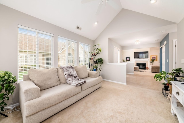 4889 Ashleigh Dr, Dublin, OH 43016 - carpeted living area with visible vents, baseboards, recessed lighting, and a glass covered fireplace