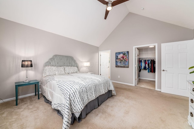 4889 Ashleigh Dr, Dublin, OH 43016 - carpeted bedroom featuring baseboards, a closet, a spacious closet, a ceiling fan, and high vaulted ceiling