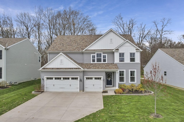 traditional home with a front yard, a garage, board and batten siding, concrete driveway, and roof with shingles