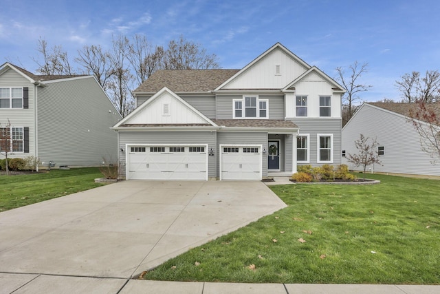 traditional home featuring board and batten siding, a shingled roof, driveway, and a front lawn