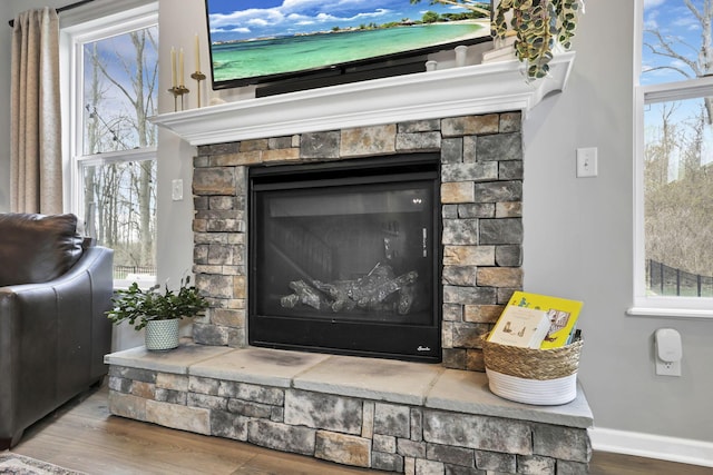 room details featuring baseboards, wood finished floors, and a fireplace