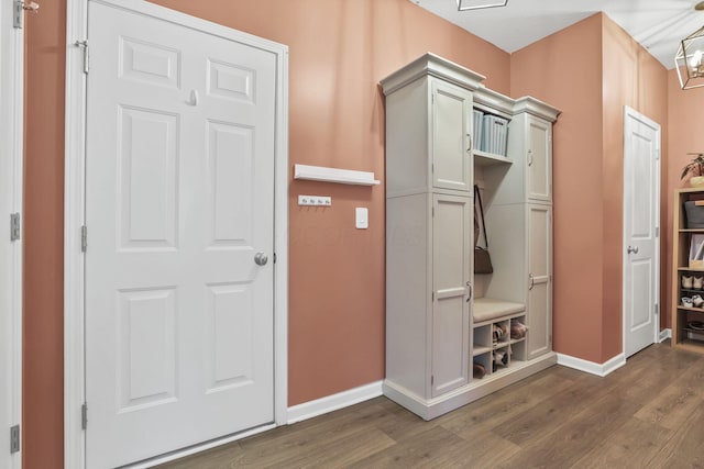 mudroom with dark wood-style flooring and baseboards