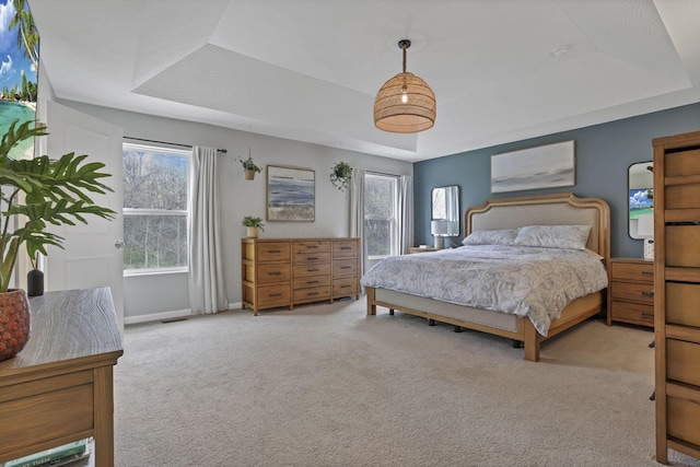 carpeted bedroom with baseboards and a raised ceiling