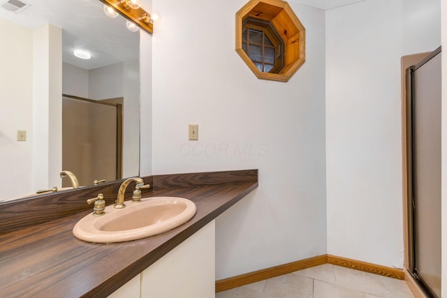 8778 Township Rd 36, Somerset, OH 43783 - full bathroom with a shower stall, vanity, visible vents, tile patterned floors, and baseboards