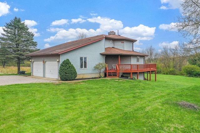 8778 Township Rd 36, Somerset, OH 43783 - rear view of property featuring roof with shingles, a chimney, gravel driveway, a yard, and a deck