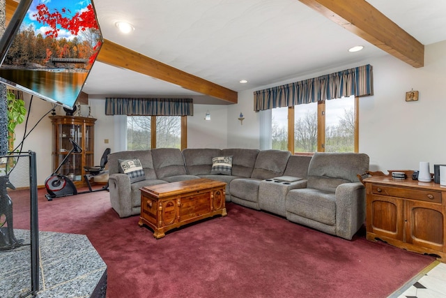 8778 Township Rd 36, Somerset, OH 43783 - living room with beamed ceiling, recessed lighting, and carpet flooring