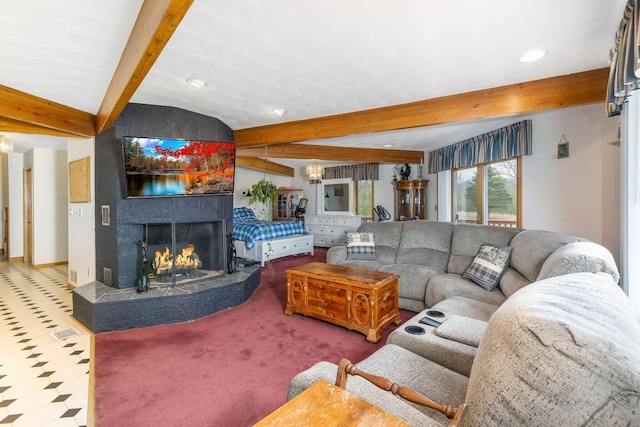 8778 Township Rd 36, Somerset, OH 43783 - living area featuring recessed lighting, a fireplace, visible vents, and beam ceiling