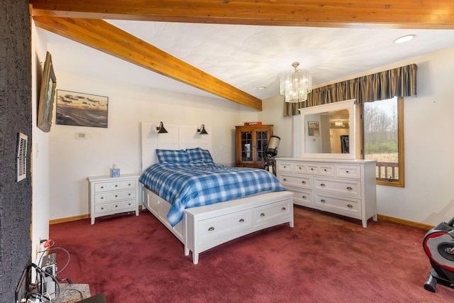 8778 Township Rd 36, Somerset, OH 43783 - bedroom featuring a chandelier, beamed ceiling, baseboards, and dark carpet