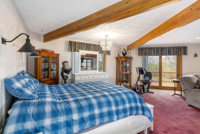 8778 Township Rd 36, Somerset, OH 43783 - carpeted bedroom with access to outside, an inviting chandelier, and beam ceiling