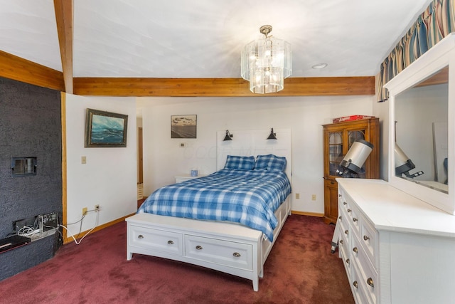 8778 Township Rd 36, Somerset, OH 43783 - bedroom featuring dark carpet, a chandelier, baseboards, and beam ceiling