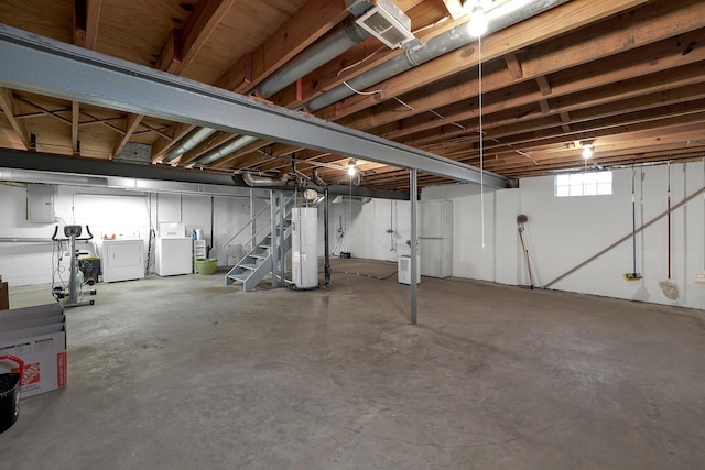 6346 Well Fleet Dr Unit 96, Columbus, OH 43231 - basement featuring visible vents, electric panel, stairs, water heater, and washer and clothes dryer