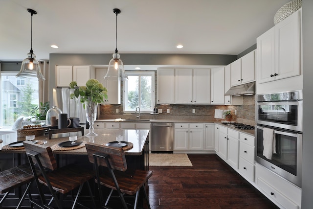 kitchen featuring appliances with stainless steel finishes, under cabinet range hood, dark wood-type flooring, decorative backsplash, and a sink
