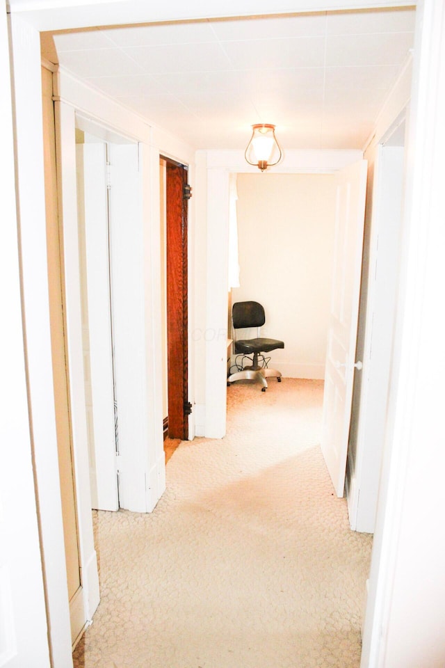 hall featuring carpet flooring and baseboards