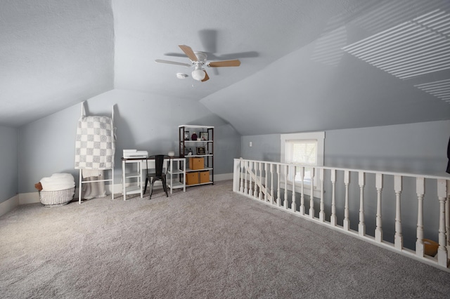 5514 Fairfield Rd, Orient, OH 43146 - bonus room featuring vaulted ceiling, ceiling fan, baseboards, carpet floors, and a textured ceiling