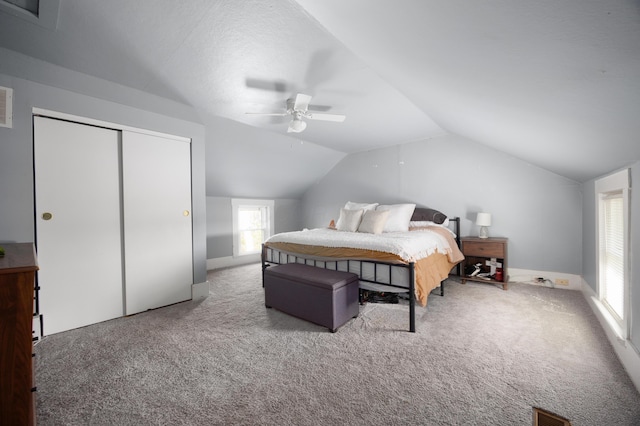 5514 Fairfield Rd, Orient, OH 43146 - carpeted bedroom with vaulted ceiling, ceiling fan, and a closet