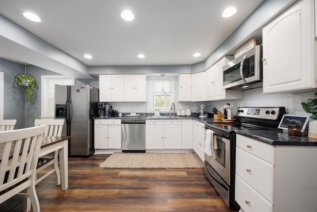 5514 Fairfield Rd, Orient, OH 43146 - kitchen with stainless steel appliances, tasteful backsplash, white cabinets, dark wood-style flooring, and recessed lighting
