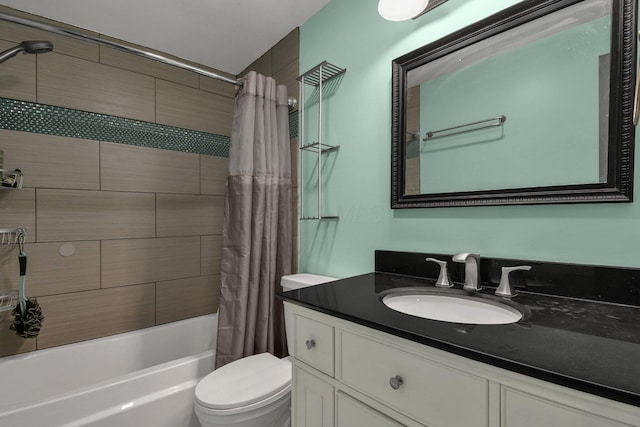 bathroom with toilet, vanity, and shower / bath combination with curtain