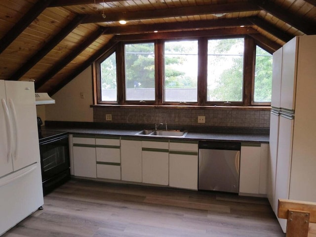 11 Plumb St, Lockbourne, OH 43137 - kitchen with freestanding refrigerator, stainless steel dishwasher, ventilation hood, wooden ceiling, and a sink