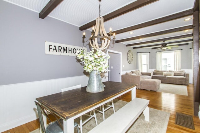 dining space with an inviting chandelier, visible vents, wood finished floors, wainscoting, and beam ceiling