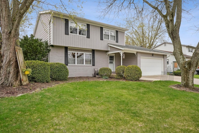 view of front of house with brick siding, driveway, an attached garage, and a front lawn