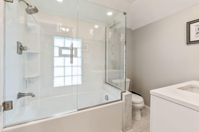 full bath with combined bath / shower with glass door, toilet, recessed lighting, vanity, and tile patterned flooring