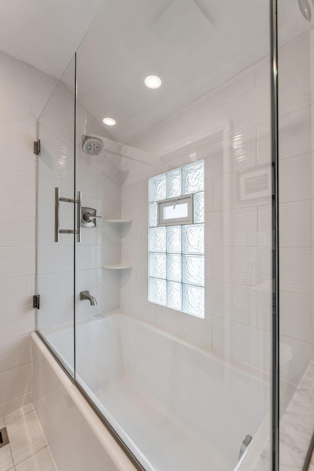 full bath with bath / shower combo with glass door, tile patterned floors, and recessed lighting