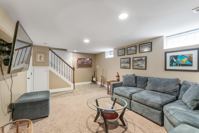living area featuring recessed lighting, stairway, visible vents, baseboards, and carpet floors