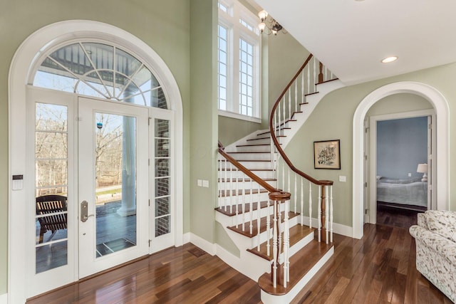 16187 Kreashbaum Rd, Rockbridge, OH 43149 - entrance foyer featuring baseboards, recessed lighting, stairway, and dark wood finished floors