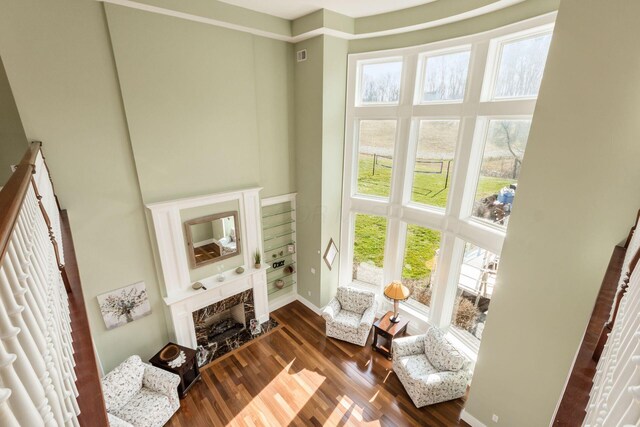 16187 Kreashbaum Rd, Rockbridge, OH 43149 - living area with baseboards, a high ceiling, and dark wood-type flooring