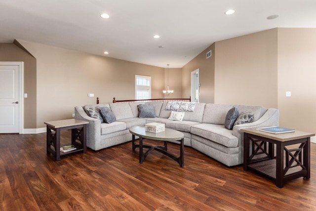 16187 Kreashbaum Rd, Rockbridge, OH 43149 - living room featuring a notable chandelier, dark wood-style flooring, visible vents, and recessed lighting