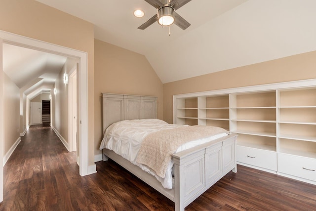 16187 Kreashbaum Rd, Rockbridge, OH 43149 - bedroom featuring dark wood-type flooring, lofted ceiling, baseboards, and ceiling fan