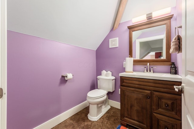 16187 Kreashbaum Rd, Rockbridge, OH 43149 - bathroom featuring toilet, vaulted ceiling with beams, visible vents, baseboards, and vanity