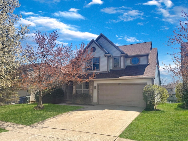 view of front of house featuring roof with shingles, a front lawn, driveway, and an attached garage