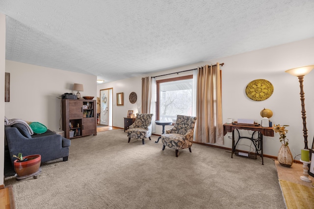 living area featuring baseboards, a textured ceiling, and carpet