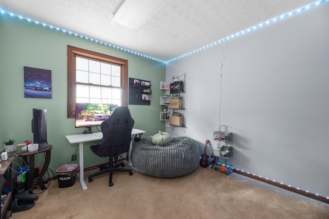 home office featuring a textured ceiling and carpet floors
