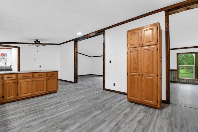 5614 US Highway 42, Mount Gilead, OH 43338 - unfurnished living room featuring a ceiling fan, light wood-style floors, baseboards, and crown molding