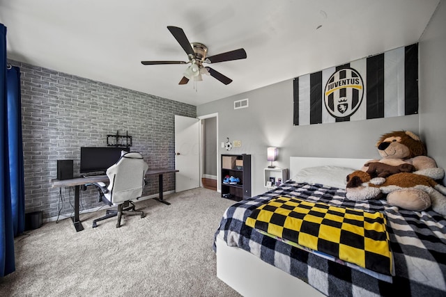 11378 Ann Dr NW, Baltimore, OH 43105 - carpeted bedroom featuring brick wall, visible vents, and a ceiling fan