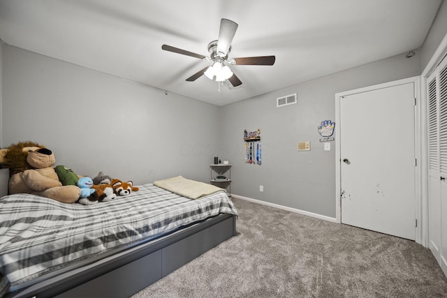 11378 Ann Dr NW, Baltimore, OH 43105 - bedroom with a closet, a ceiling fan, visible vents, carpet floors, and baseboards