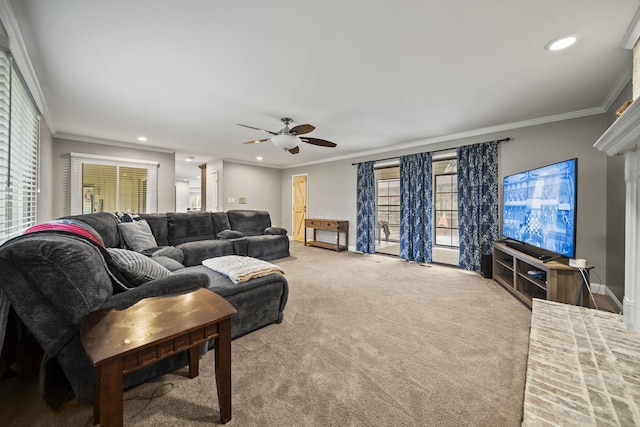 11378 Ann Dr NW, Baltimore, OH 43105 - living room featuring carpet flooring, ceiling fan, ornamental molding, and recessed lighting