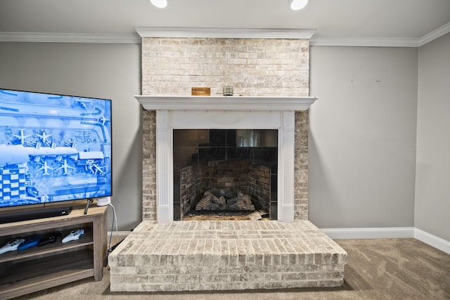 11378 Ann Dr NW, Baltimore, OH 43105 - interior details featuring crown molding, carpet floors, baseboards, and a fireplace