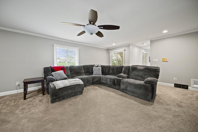 11378 Ann Dr NW, Baltimore, OH 43105 - carpeted living room with crown molding, a ceiling fan, visible vents, and recessed lighting