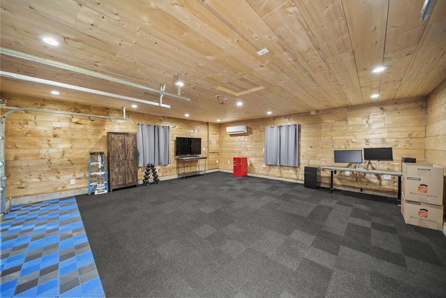 11378 Ann Dr NW, Baltimore, OH 43105 - interior space with recessed lighting, wooden walls, dark carpet, a wall unit AC, and wooden ceiling